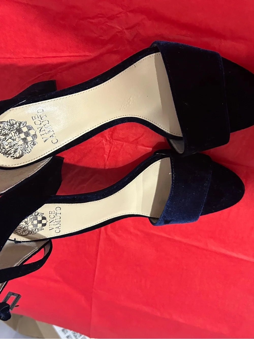 Vince Camuto Navy Velvet Open-Toe Ankle-Strap Heels